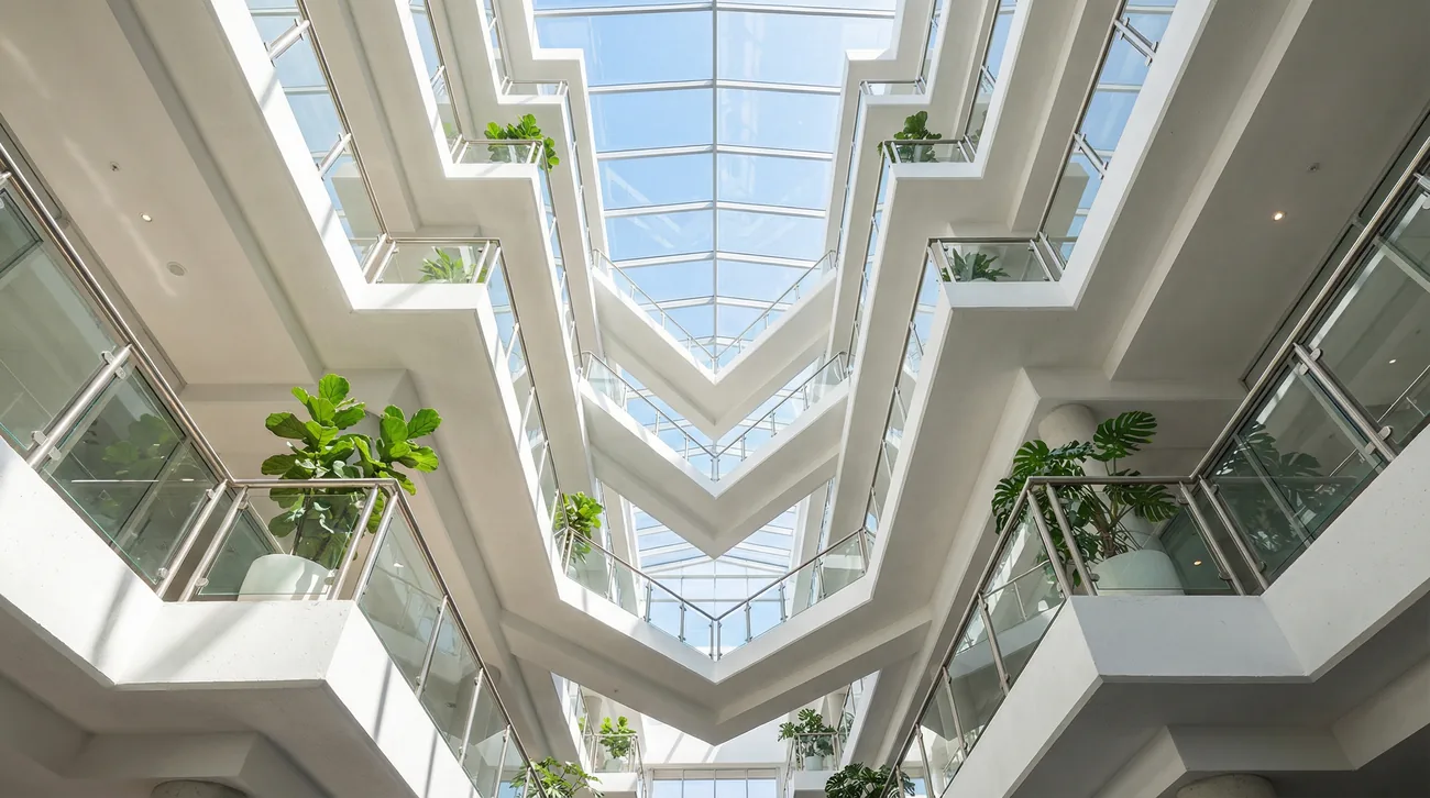 Modern office atrium with white geometric balconies converging toward a glass ceiling