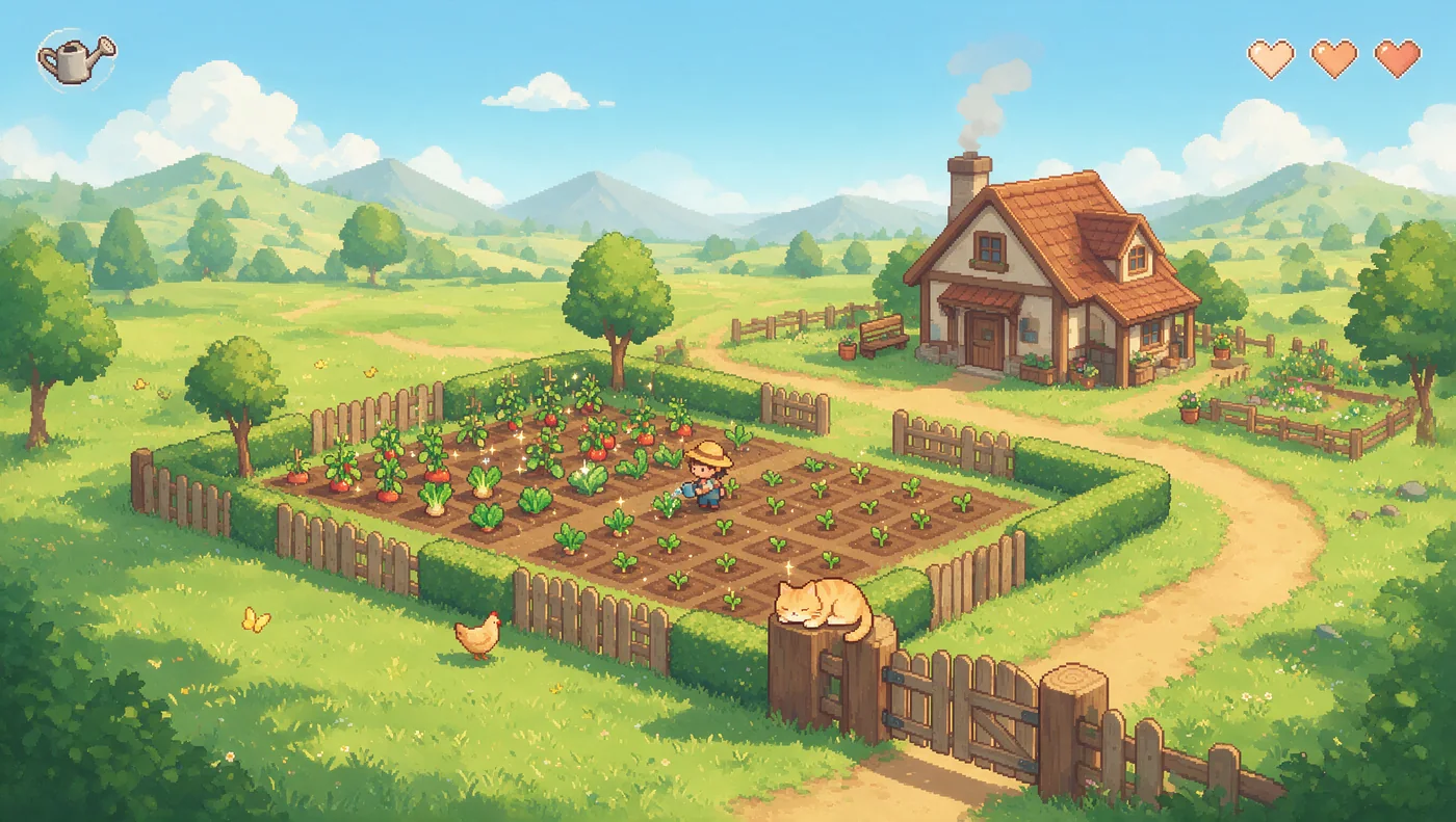 Concept mock-up of a cosy pixel-art farming activity with a character watering vegetables