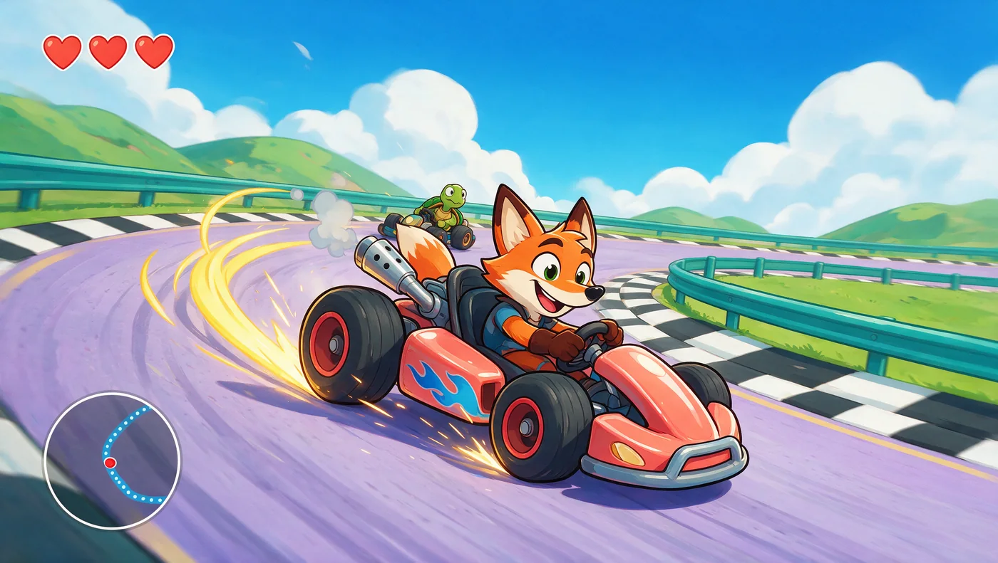 Concept mock-up of a cartoon kart-racing activity with animal characters