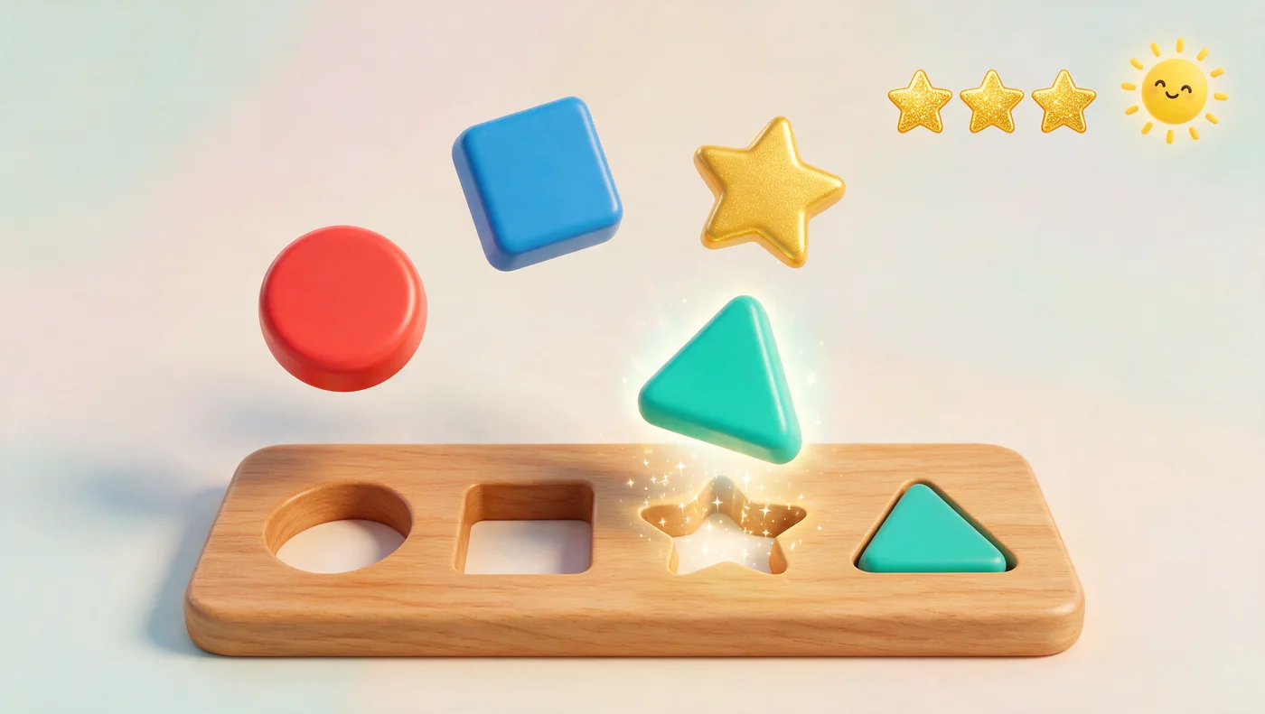 Concept mock-up of a soft 3D shape-sorting activity with chunky shapes and a wooden sorting board