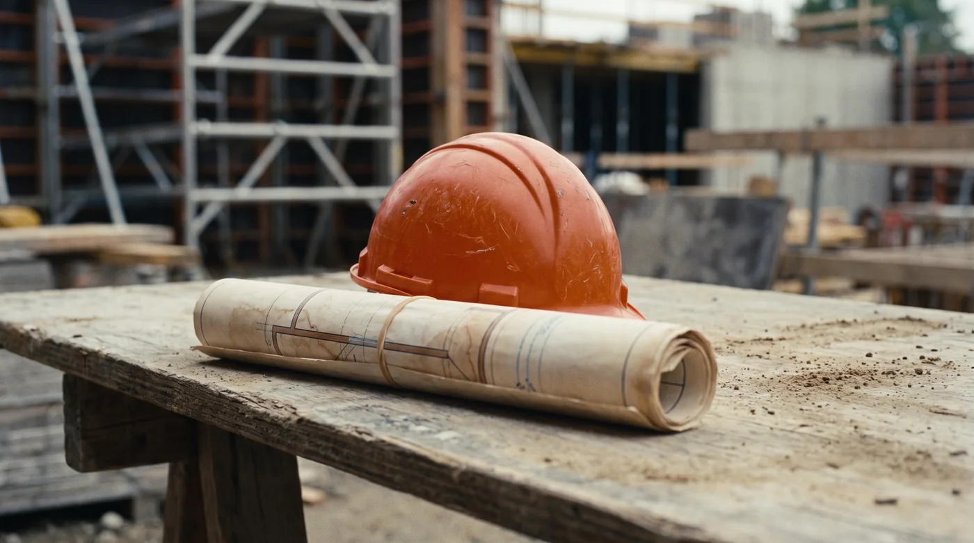 Concept image of a construction hard hat and architectural plans