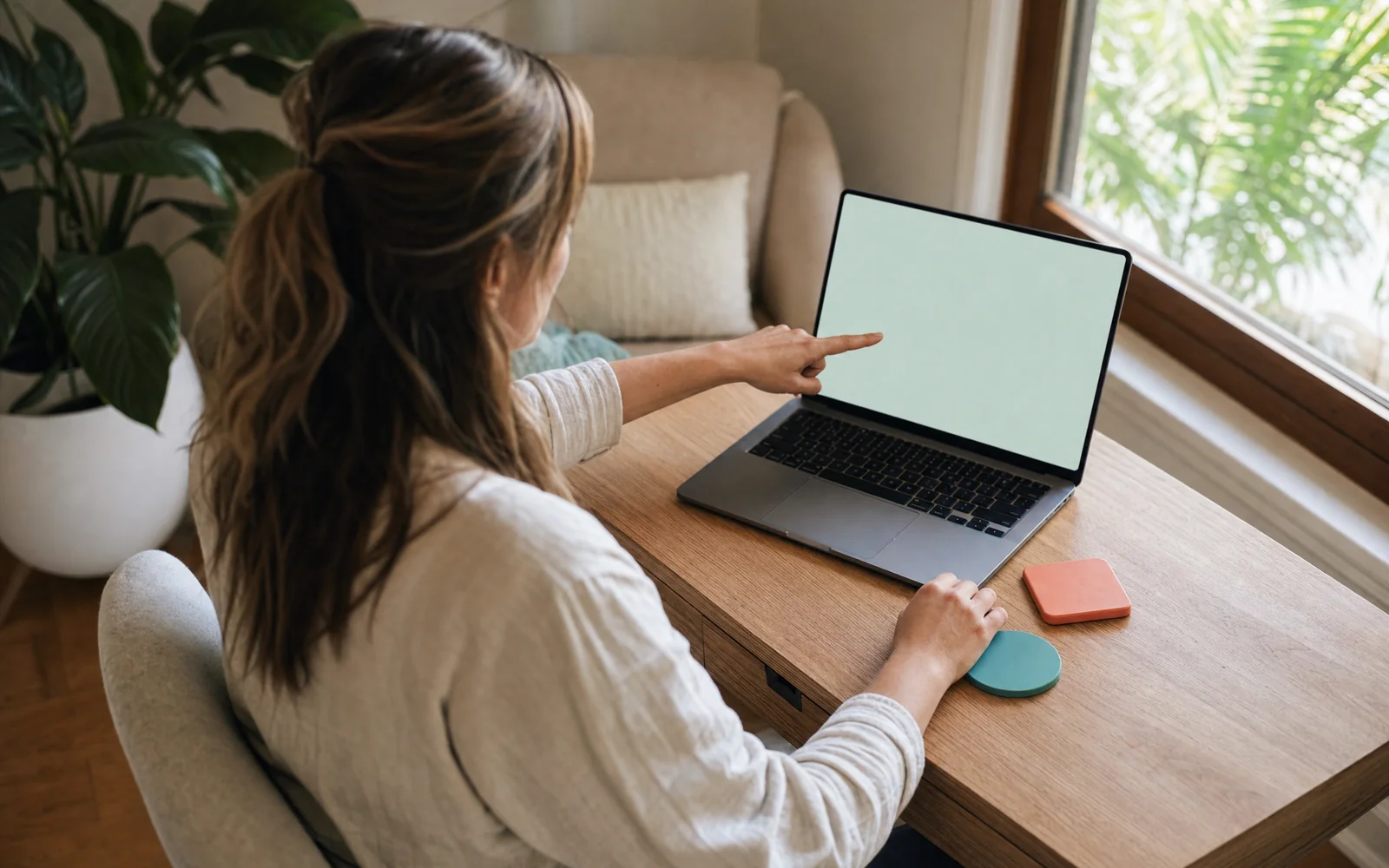 A practitioner guiding a digital activity in a warm, natural workspace