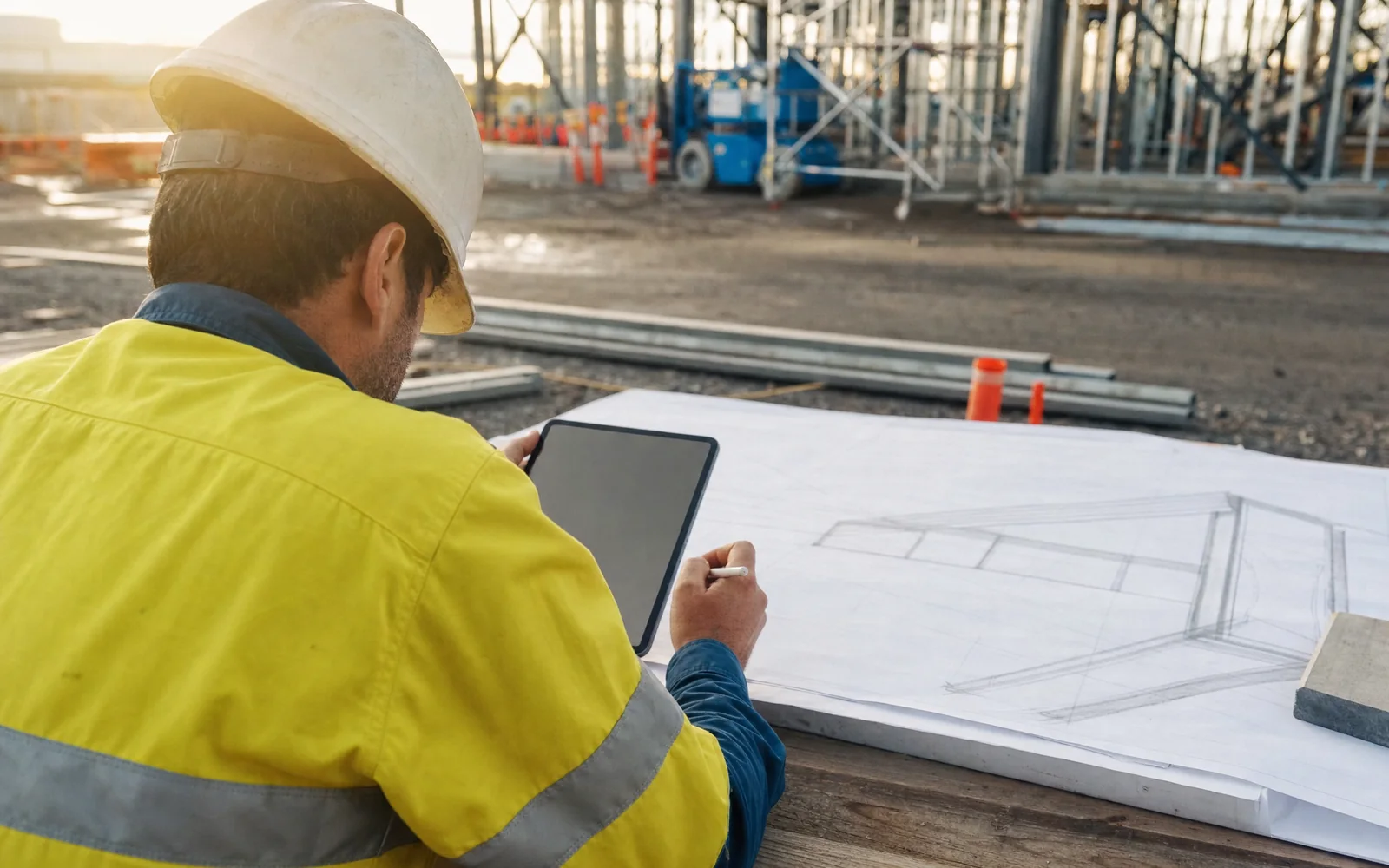A construction estimator reviewing plans and costs on site