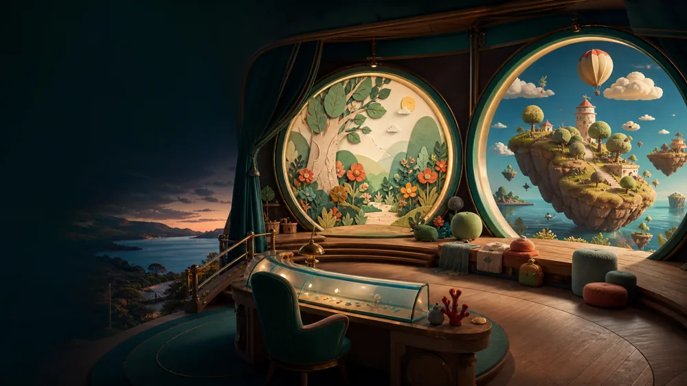 Illustrated activity room with distinct imaginative worlds