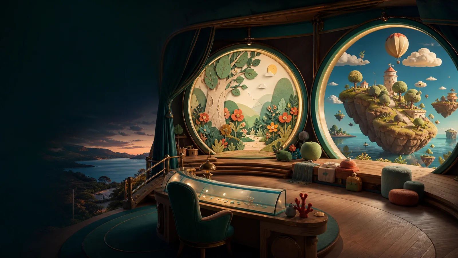 A richly crafted activity room overlooking illustrated learning worlds